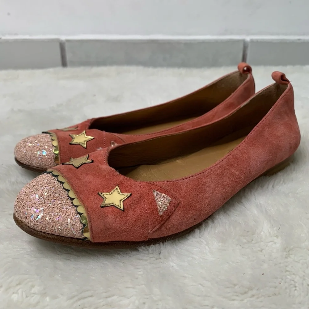 Bonpoint Girls Pink Gold Star Print Glitter Ballet Flat Shoes Size 36